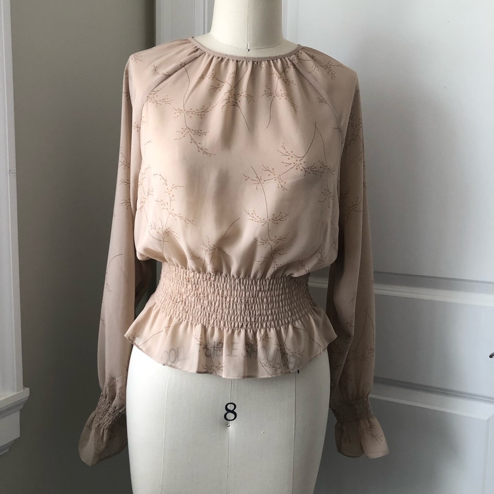 2/$30 Oak and Fort Blouson Shirred Waist Ruffle Beige Peasant Top